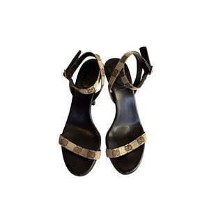 Gucci Beige & Brown GG Canvas Ankle Strap Heeled Sandals Women Size 6.5 B